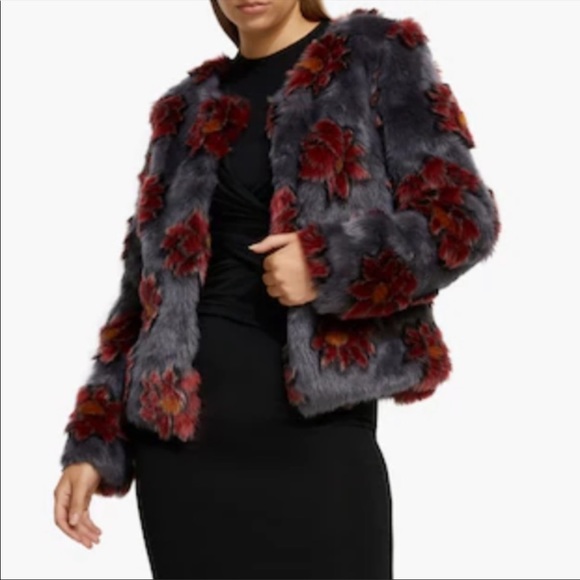 Unreal Fur Moon Flower Boho Gray 3D Red Lotus Print Faux Fur Coat - Picture 4 of 4